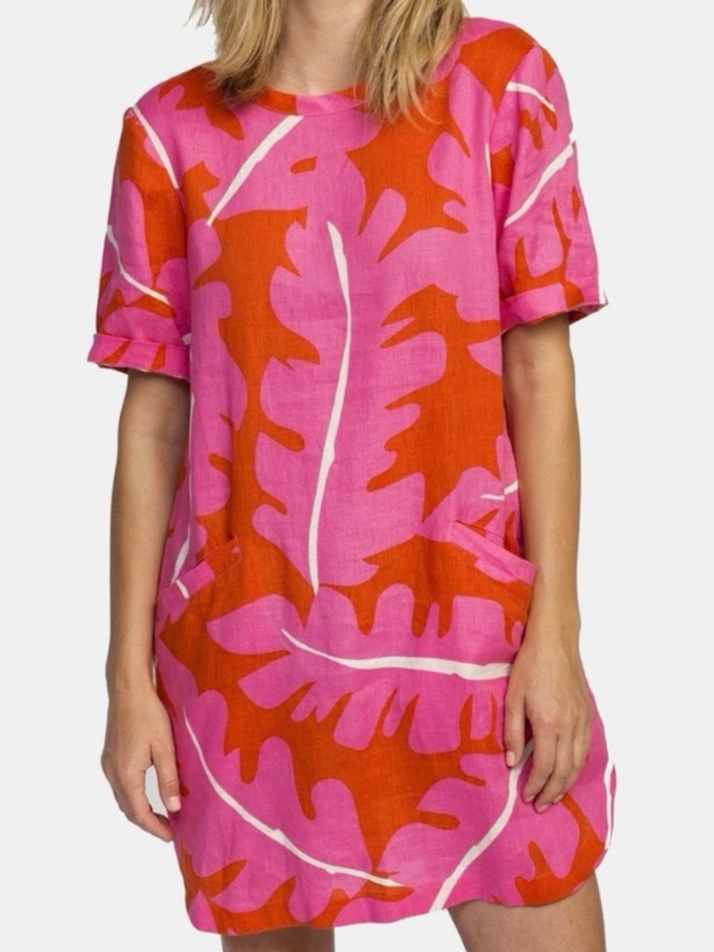 Trovata Birds of Paradis Raffi Linen Mini Shirt Dress Pink Palm XS